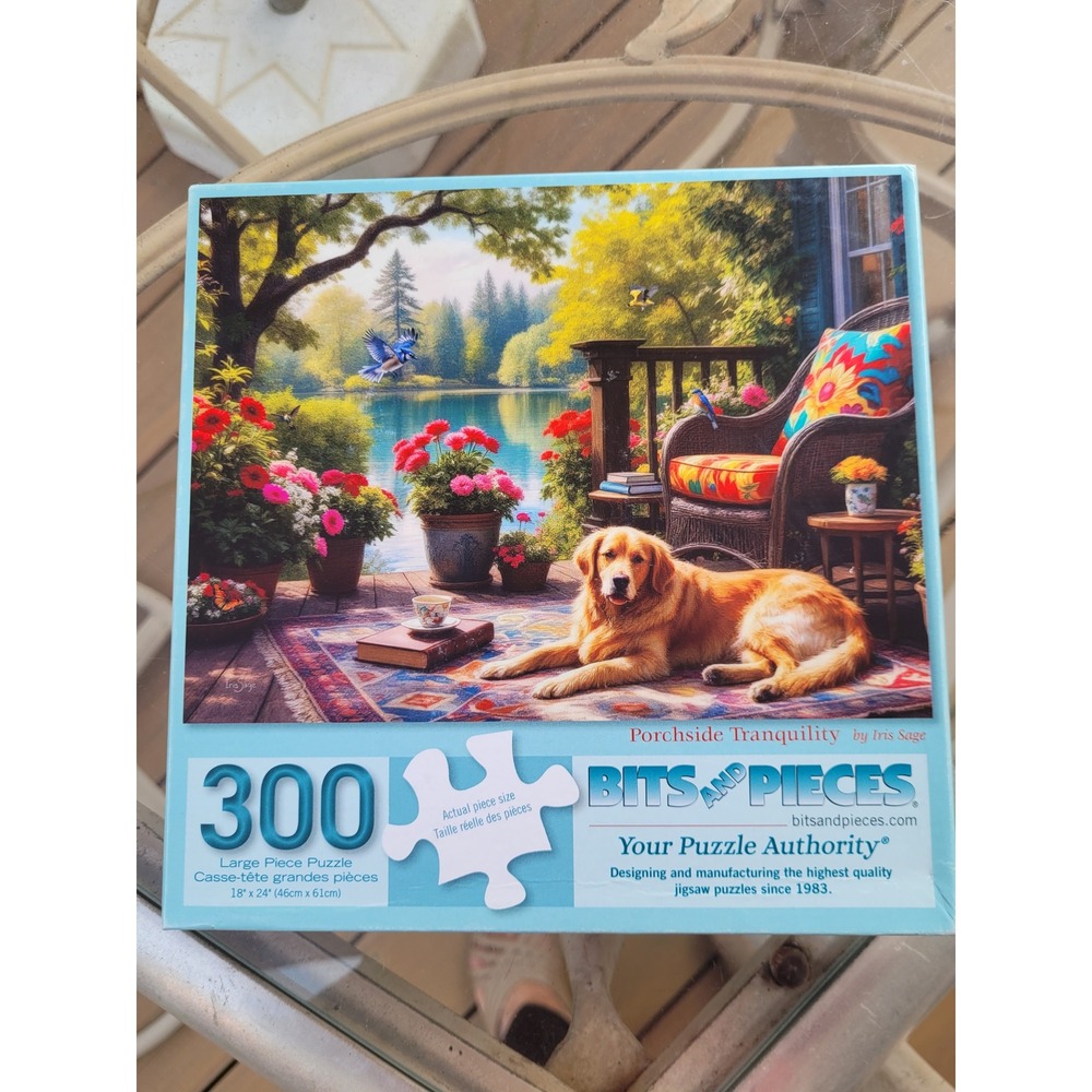 300 Large Piece Jigsaw Golden Retriever Puzzle Porchside Tranquility Iris Sage